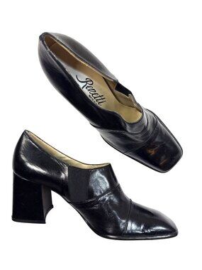 Renetti Black Leather Square Toe Block Heel Shoes Made In Spain Size 9